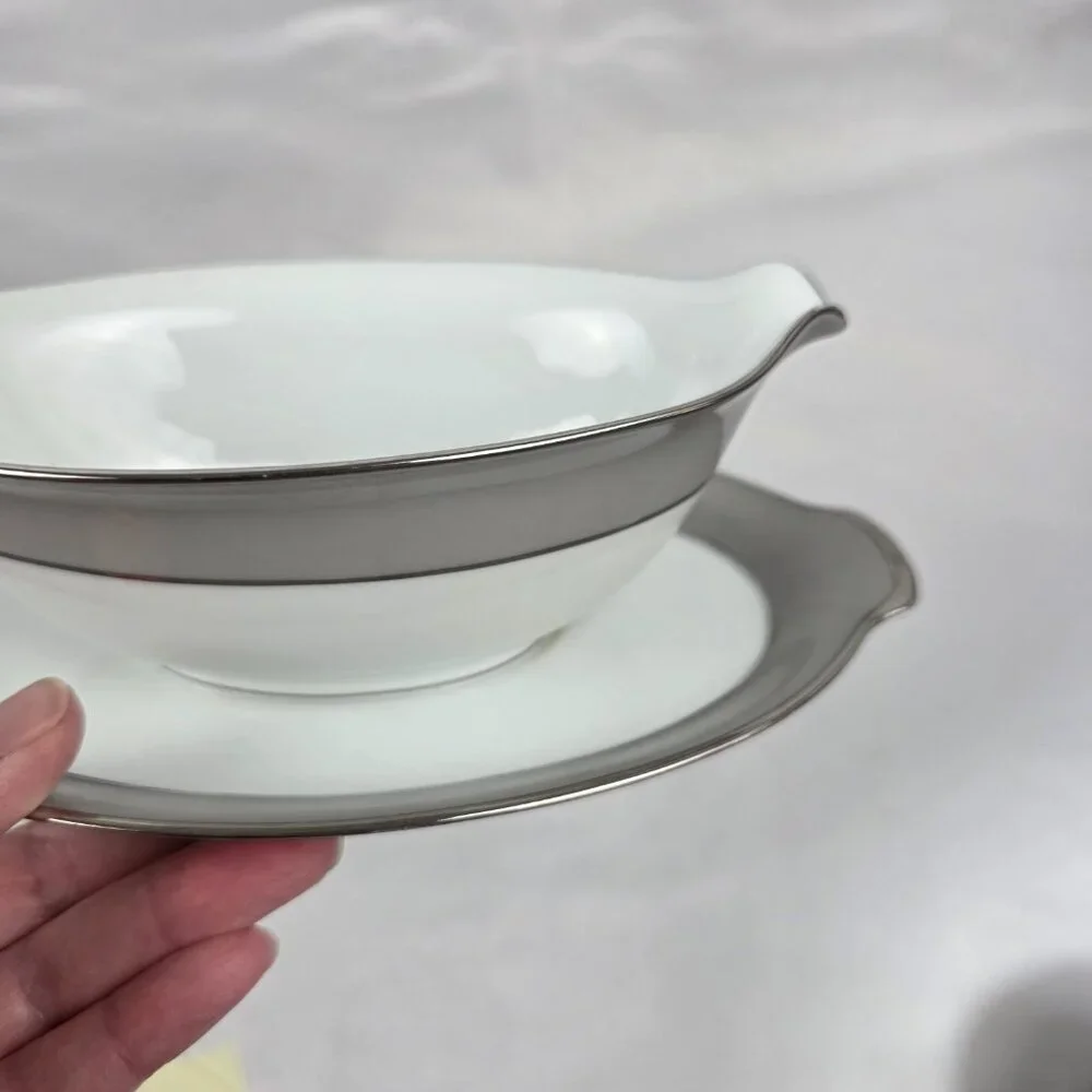 Sango Plantina Gravy Boat with Underplate Gray Band Platinum Trim